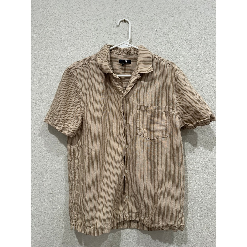 Paige Mens Short Sleeve Linen Blend Striped Camp Shirt Tan Cream Size M